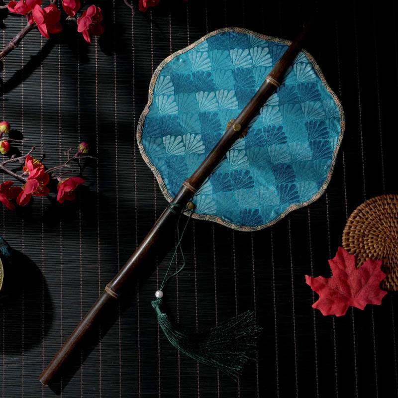 Buddhist Blessing Handmade Shell Scales Leaves Epiphyllum Pattern Long Purple Bamboo Handle Portable Curlable Fan