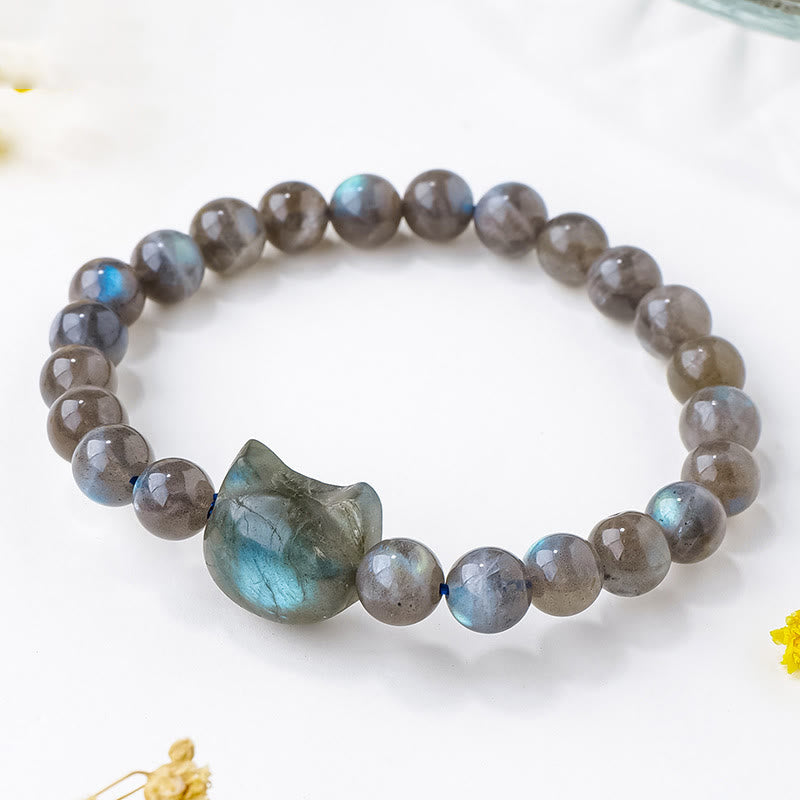 Buddhist Blessing Natural Labradorite Cute Cat Head Healing Change Bracelet