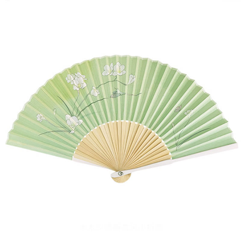 Buddhist Blessing Orchid Begonia Flower Handheld Cotton Linen Fabric Bamboo Folding Fan