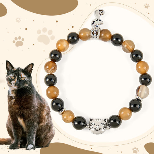 Buddhist Blessing Tortoiseshell Cat Light Brown Striped Agate Black Onyx Protection Bracelet