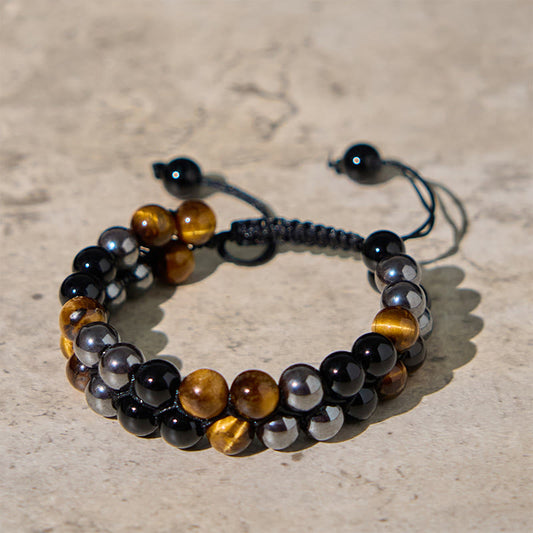 Buddhist Blessing Natural Tiger Eye Black Magnetite Black Onyx Double Row Beads Protection Bracelet
