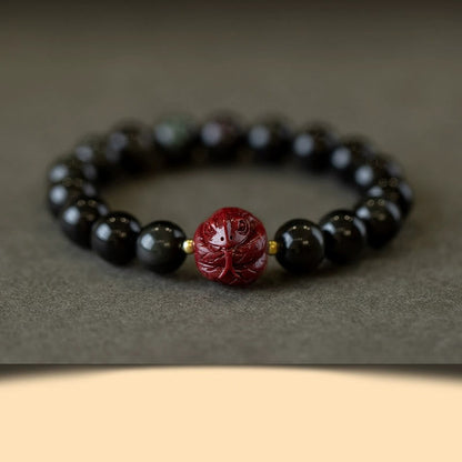 Buddhist Blessing Chinese Zodiac Natural Black Obsidian Cinnabar Purification Bracelet