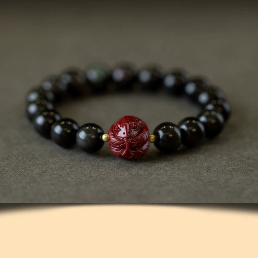 Buddhist Blessing Chinese Zodiac Natural Black Obsidian Cinnabar Purification Bracelet