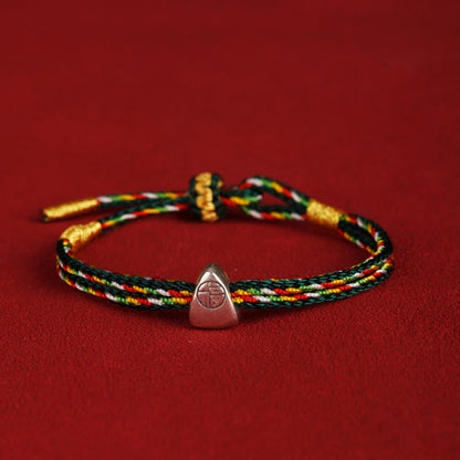 Buddhist Blessing 925 Sterling Silver Fu Character Luck Multicolored Rope Bracelet