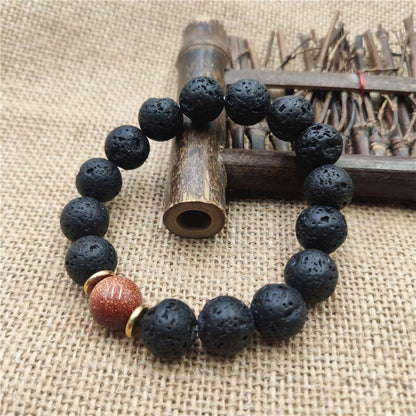 Buddhist Blessing Lava Rock Goldstone Blue Sandstone Healing Bracelet