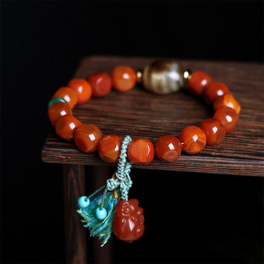 Buddhist Blessing Natural South Red Agate Pixiu Dzi Bead Fortune Luck Bracelet