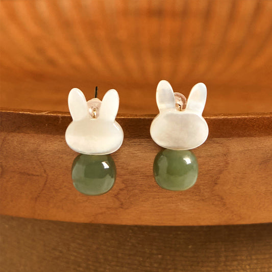 Buddhist Blessing Tridacna Stone Cute Rabbit Hetian Jade Luck Earrings