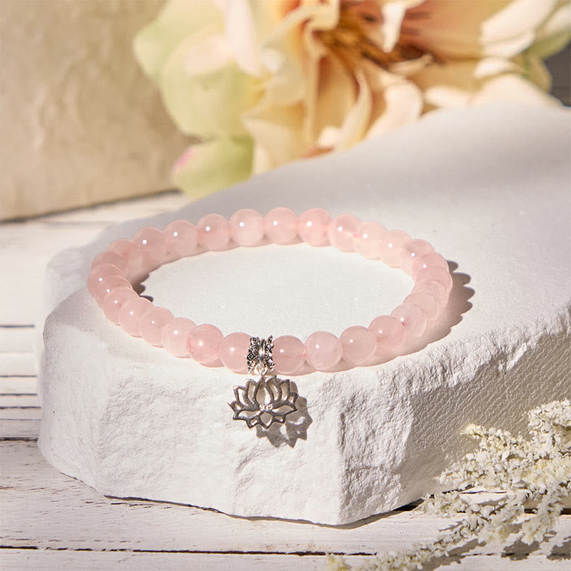 Buddhist Blessing 925 Sterling Silver Lotus Design Natural Pink Crystal Soothing Bracelet