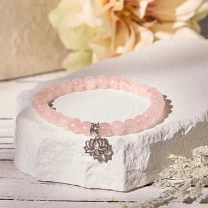 Buddhist Blessing 925 Sterling Silver Lotus Design Natural Pink Crystal Soothing Bracelet