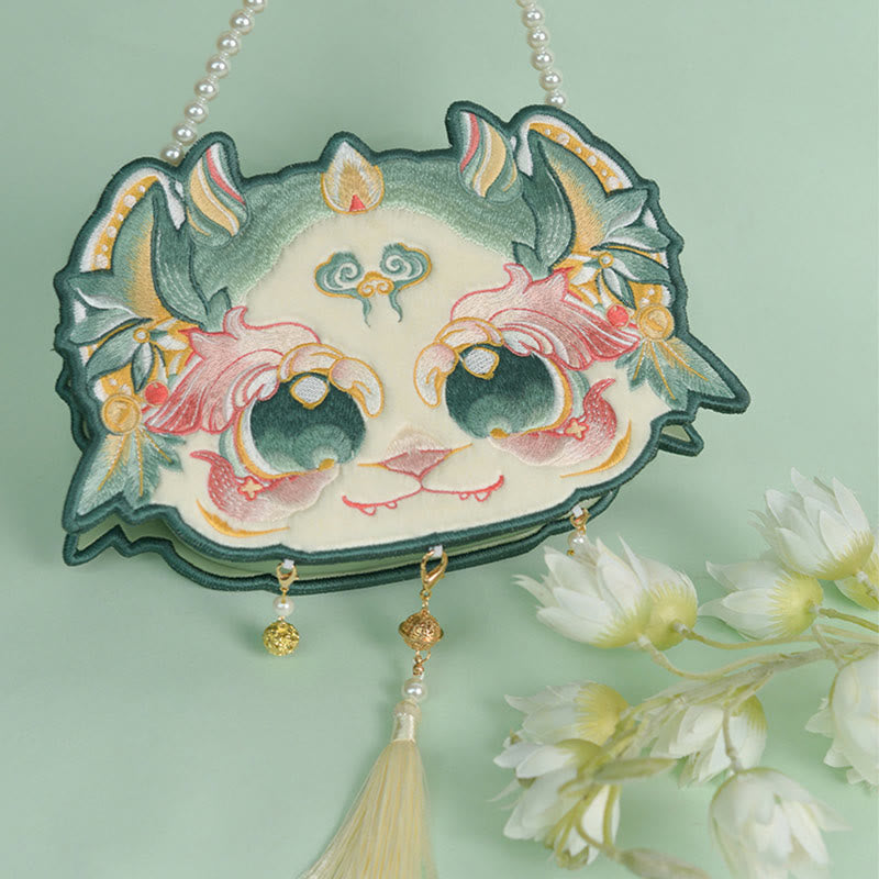 Buddhist Blessing Double-sided Mythical Beast Bai Ze Embroidery Pearl Chain Tassel Shoulder Bag Crossbody Bag