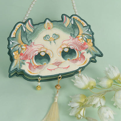 Buddhist Blessing Double-sided Mythical Beast Bai Ze Embroidery Pearl Chain Tassel Shoulder Bag Crossbody Bag