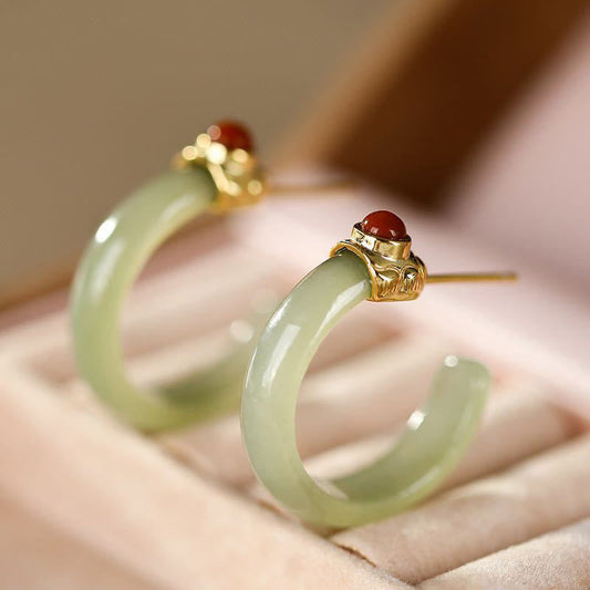 Buddhist Blessing 925 Sterling Silver Hetian Jade Prosperity Curved Earrings