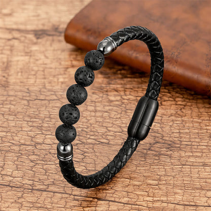 Buddhist Blessing Blue Agate Tiger Eye Lava Rock Black Onyx Lazurite Bead Protection Leather Bracelet