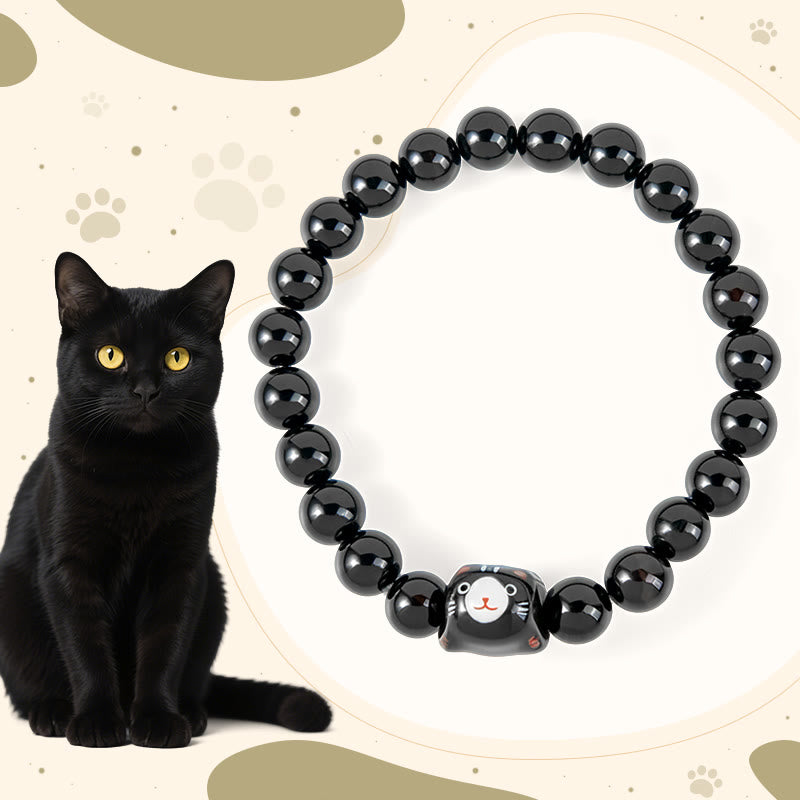 Buddhist Blessing Black Cat Natural Black Onyx Ceramic Kitten Support Bracelet