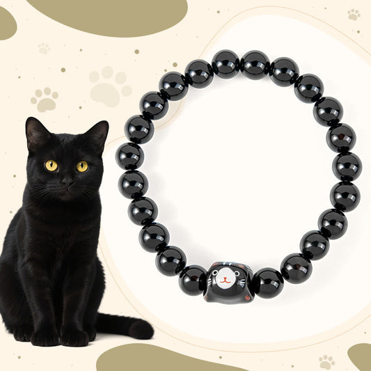 Buddhist Blessing Black Cat Natural Black Onyx Ceramic Kitten Support Bracelet