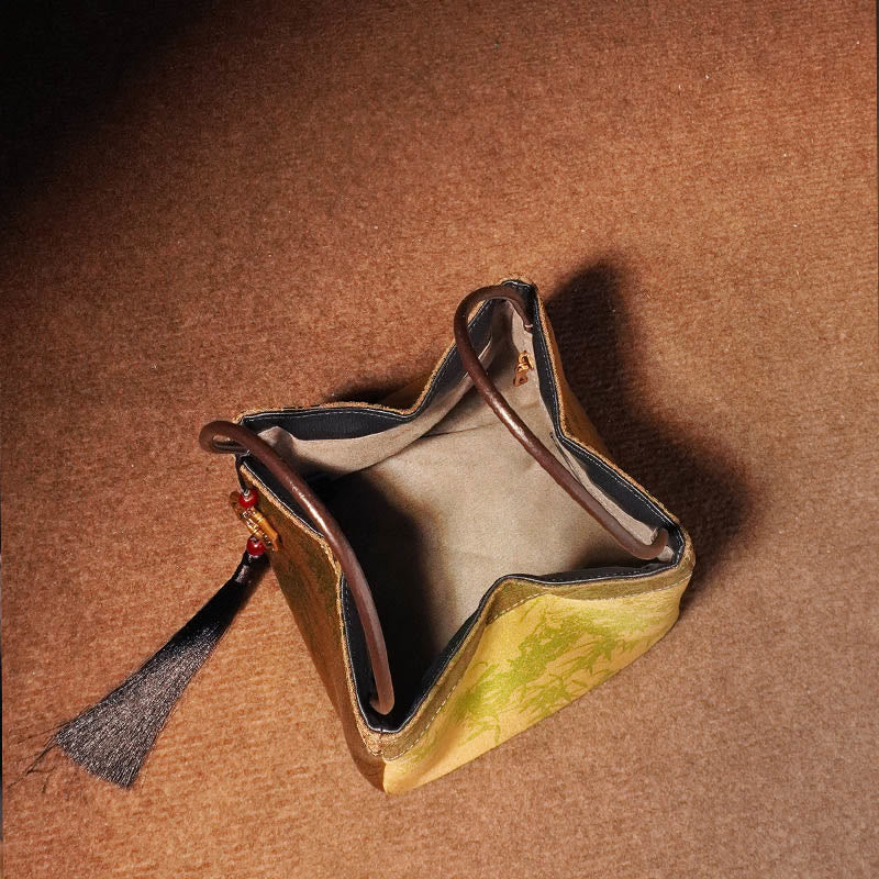 Buddhist Blessing Plum Flower Bamboo Branches Embroidery Tassel Xiangyunsha Silk Shoulder Bag Hangbags