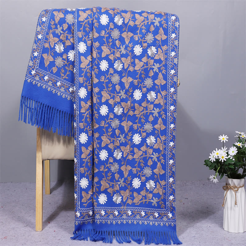 Buddhist Blessing Polyester Shawl Cashew Flowers Embroidery Tassel Winter Cozy Travel Scarf Wrap