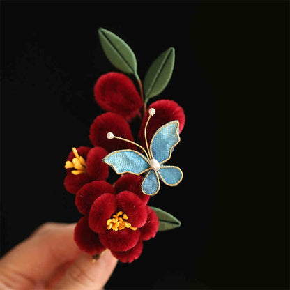 Buddhist Blessing Classical Chinese Style Red Flower Blue Butterfly Hairpin Hair Clip Hair Comb Barrette