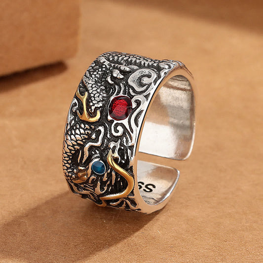 Buddhist Blessing Vintage Dragon Pattern Copper Plated Silver Balance Ring