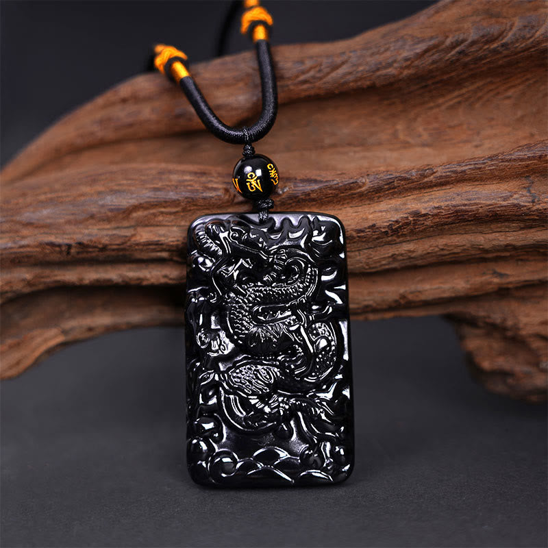 Buddhist Blessing Natural Black Obsidian Rectangular Dragon Engraved Success Necklace Pendant