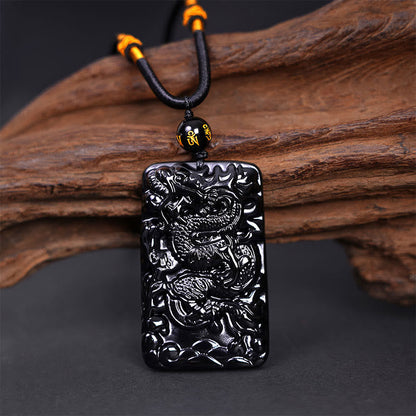 Buddhist Blessing Natural Black Obsidian Rectangular Dragon Engraved Success Necklace Pendant