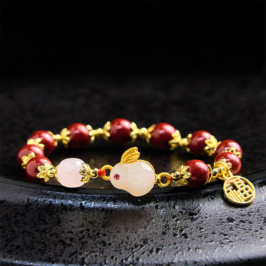 Buddhist Blessing Cinnabar Cute Rabbit Bunny Fu Character Charm Blessing Bracelet