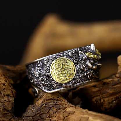 Buddhist Blessing 925 Sterling Silver PiXiu Copper Coin Brass Wealth Luck Adjustable Ring