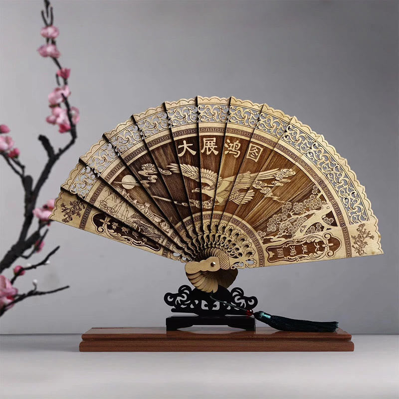 Buddhist Blessing Koi Fish Peony Bird Flower Engraved Hollow Handheld Phoebe Zhennan Wood Folding Fan 22cm