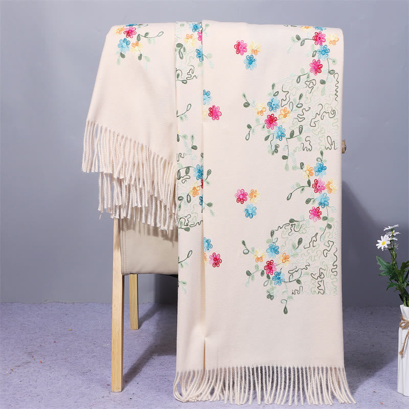 Buddhist Blessing Rayon Fabric Shawl Colorful Small Flowers Embroidery Tassel Winter Cozy Travel Scarf Wrap