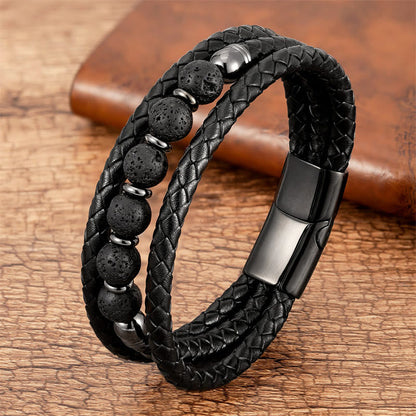 Buddhist Blessing Tiger Eye Lava Rock Hematite Black Onyx Bead Positive Leather Bracelet