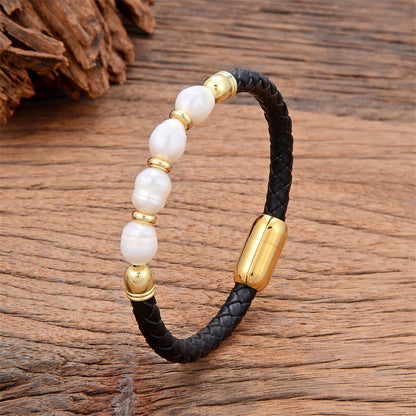 Buddhist Blessing Handmade Irregular Shaped Pearls Healing Leather Titanium Steel Buckle Bracelet