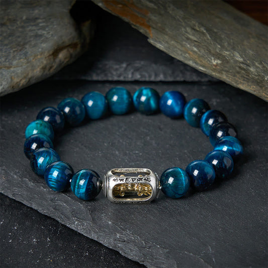 Buddhist Blessing Natural Blue Tiger Eye Om Mani Padme Hum Strength Bracelet