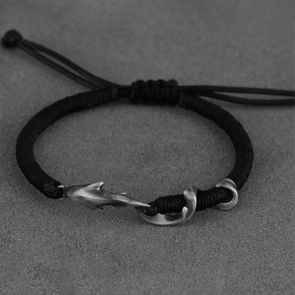 Buddhist Blessing 999 Sterling Silver Shark Black Wax Rope Protection Bracelet