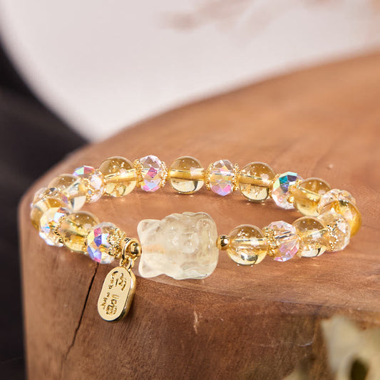 Buddhist Blessing Natural Citrine White Crystal Nine Tailed Fox Attracting Wealth Charm Energy Bracelet