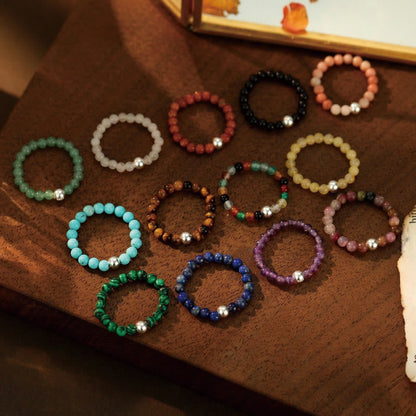 Buddhist Blessing 925 Sterling Silver Crystal Beads White Jade Black Onyx Blessing Elastic Ring