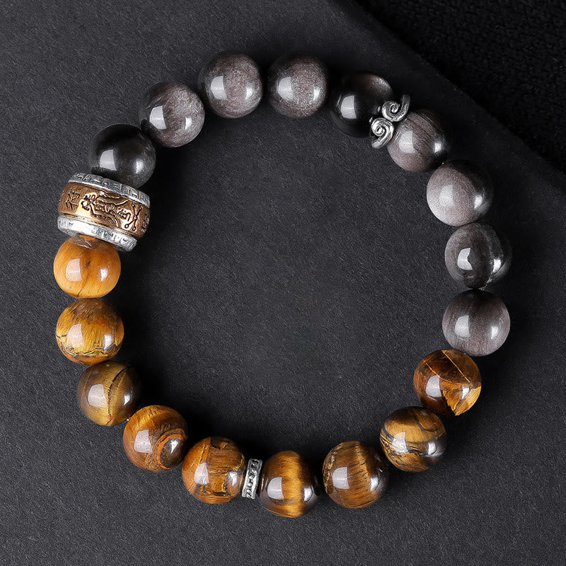Buddhist Blessing Natural Silver Sheen Obsidian Tiger's Eye Six True Words 'Om Mani Padme Hum' Strength Bracelet