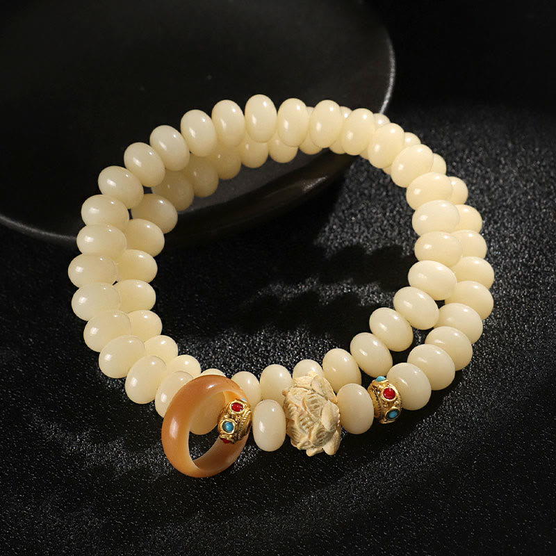 Buddhist Blessing Bodhi Seed Peach Wood Lotus Wealth Double Wrap Bracelet
