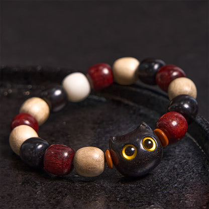 Buddhist Blessing Small Leaf Red Sandalwood Ebony Wood Cute Cat Engraved Protection Bracelet