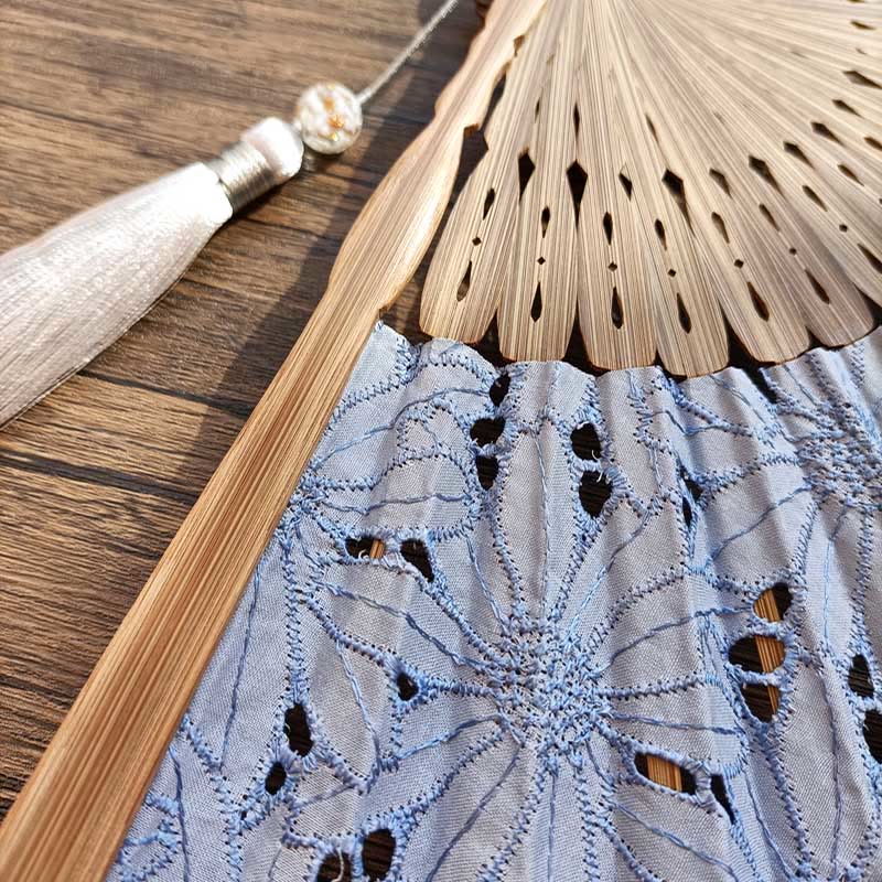 Buddhist Blessing Solid Color Hollow Flowers Embroidery Cotton Fabric Handheld Bamboo Folding Fan
