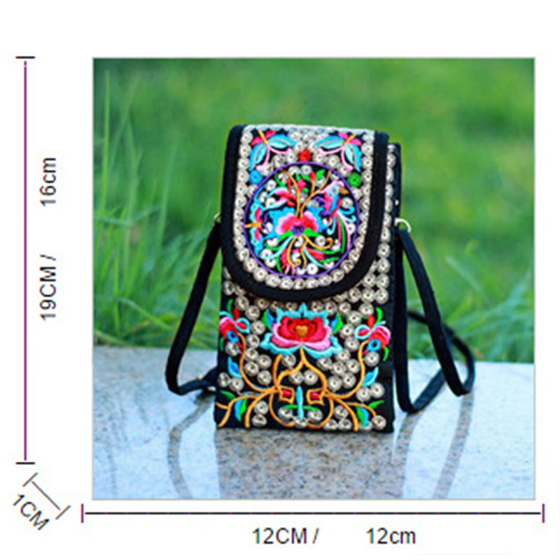 Buddhist Blessing Inula Flower Rose Embroidery Canvas Backpack Crossbody Bag