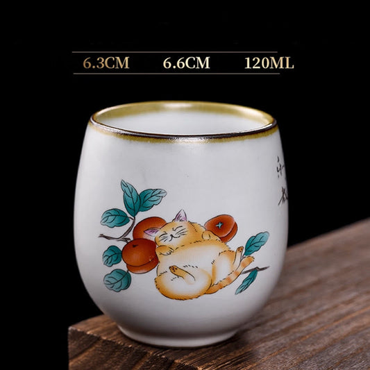 Buddhist Blessing Cute Lying Cat Branches Teacup Kung Fu Tea Cup With Gift Box