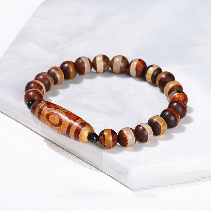Buddhist Blessing Tibetan Nine-eye Dzi Bead Natural Sandalwood White Cat's Eye Agate Power Protection Bracelet