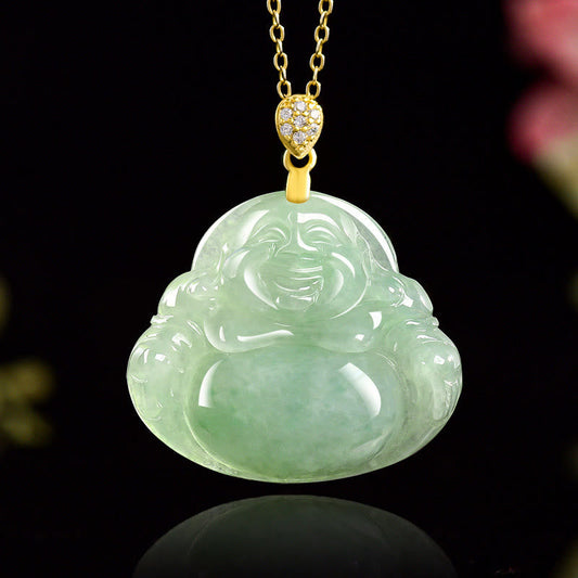Buddhist Blessing 925 Sterling Silver Natural Jade Laughing Buddha Luck Prosperity Chain Necklace Pendant