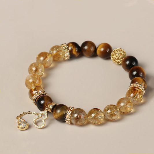 Buddhist Blessing Natural Tiger Eye Citrine Beads Fortune Gourd Strength Bracelet