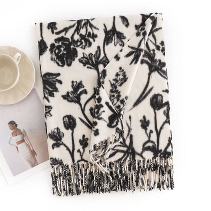 Buddhist Blessing Tibetan Shawl Blooming Flower Branches Print Tassels Fall Winter Cozy Warm Scarf Wrap