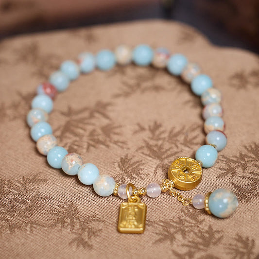 Buddhist Blessing Shoushan Stone Copper Coin Money From All Directions Wealth Bracelet