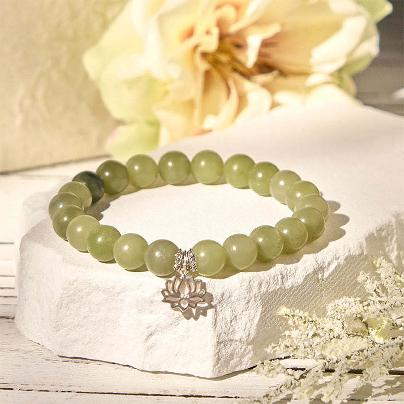 Buddhist Blessing 925 Sterling Silver Lotus Natural Cyan Jade Luck Bracelet