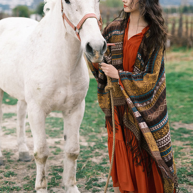 Buddhist Blessing Tibetan Geometric Horizontal Stripe Flower Leaf Tassels Shawl Fall Winter Cozy Scarf Wrap