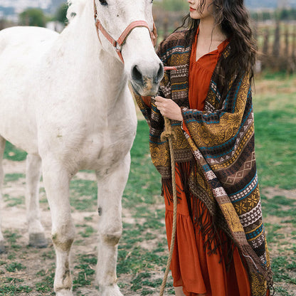 Buddhist Blessing Tibetan Geometric Horizontal Stripe Flower Leaf Tassels Shawl Fall Winter Cozy Scarf Wrap