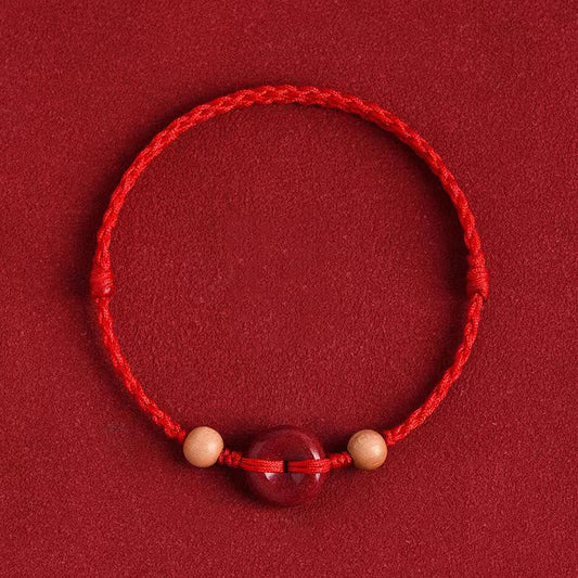 Buddhist Blessing Peach Wood Peace Buckle Cinnabar Wealth String Bracelet Anklet